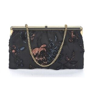 JR USA Black Fabric Chenille Flowers Clutch/Handbag Chain Strap